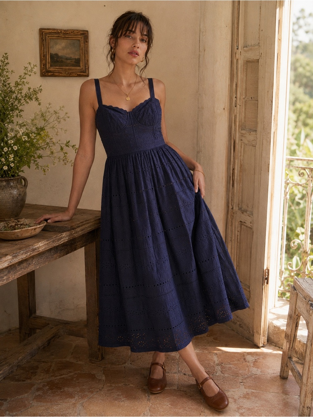 ASOS Navy Blue Eyelet Broderie Midi Dress Cottagecore Style Size US 8